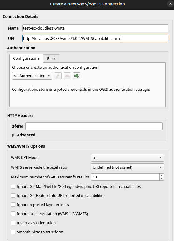Loading localhost WMTS into QGIS