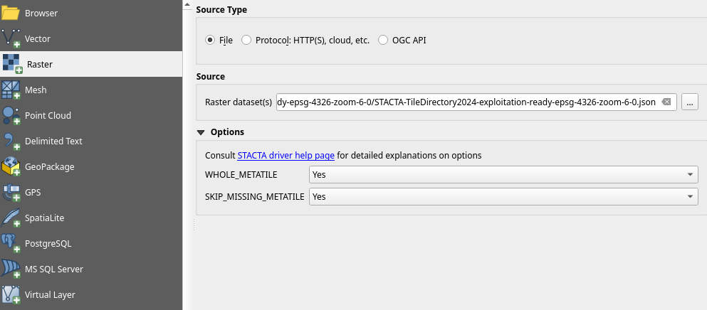 Loading STACTA TileDirectory into QGIS